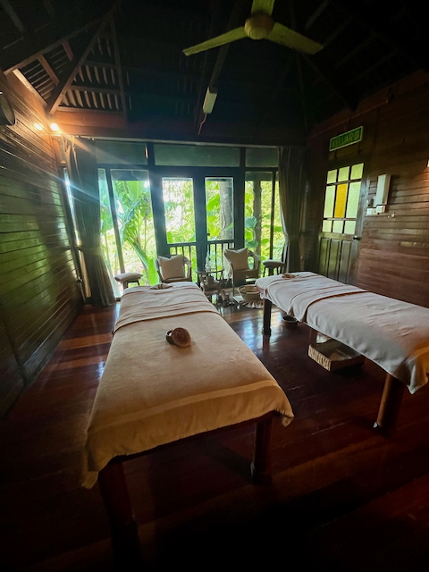 Couples treatment room at Amaala Spa with two massage beds and rainforest views through tall windows