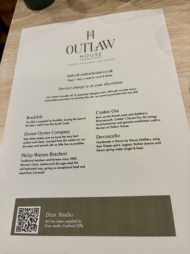 Menu card on the restaurant's suppliers, including Rockfish, Dorset Oyster Company, Conker Gin and Devoncello